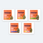 Example of a Freezo Flower Box, 20 g: five 4 g pouches of uncoated THCa flower. Strains rotate with what is in stock.