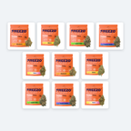Example of a Freezo Flower Box, 40 g: ten 4 g pouches of uncoated THCa flower. Strains rotate with what is in stock.