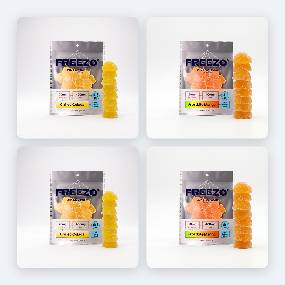 Example of a Freezo Gummy Box: four 400 mg live rosin gummy packs. Flavors rotate with what is in stock.