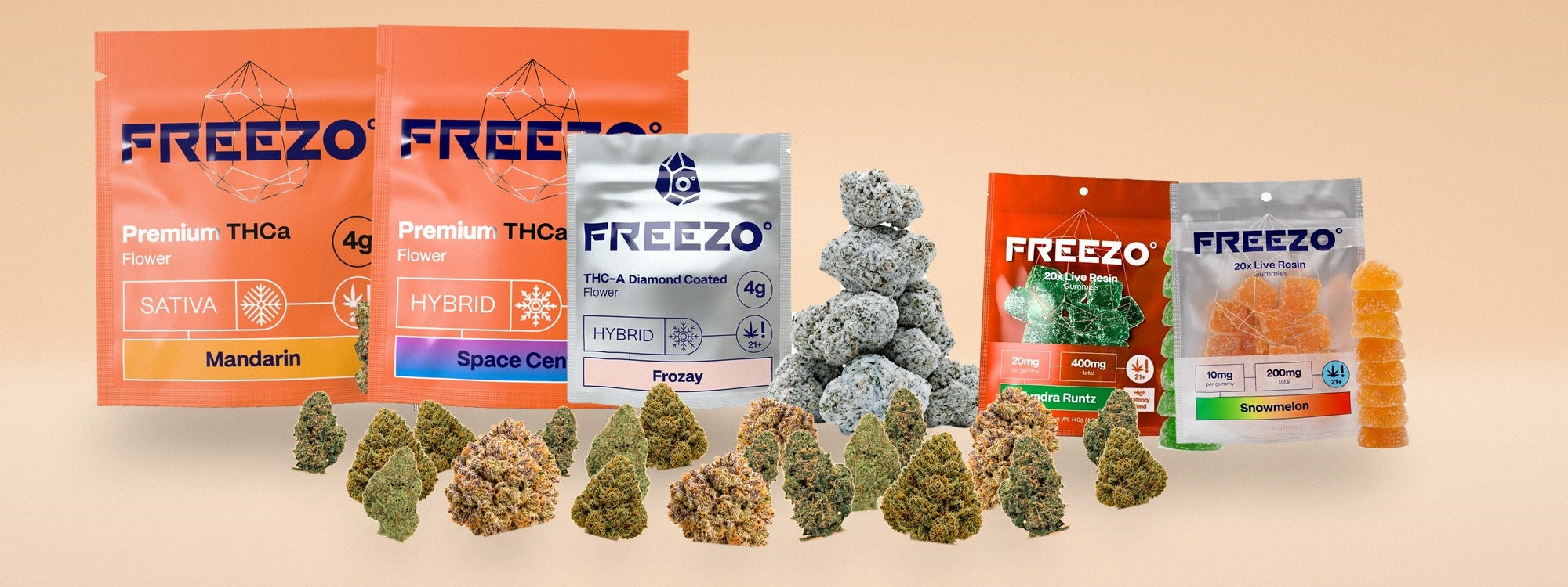 FREEZO bundle contents — flower packs, diamond coated flower with frosted nugs, gummy packs and loose buds