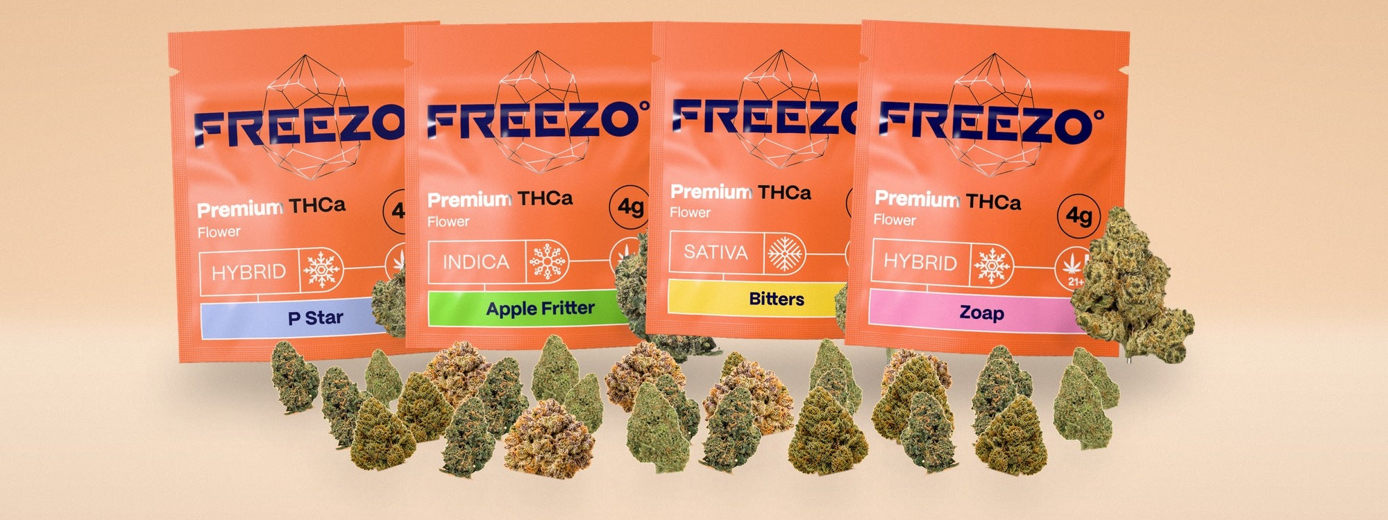 Four 4g FREEZO flower packs with a pile of buds in front of them
