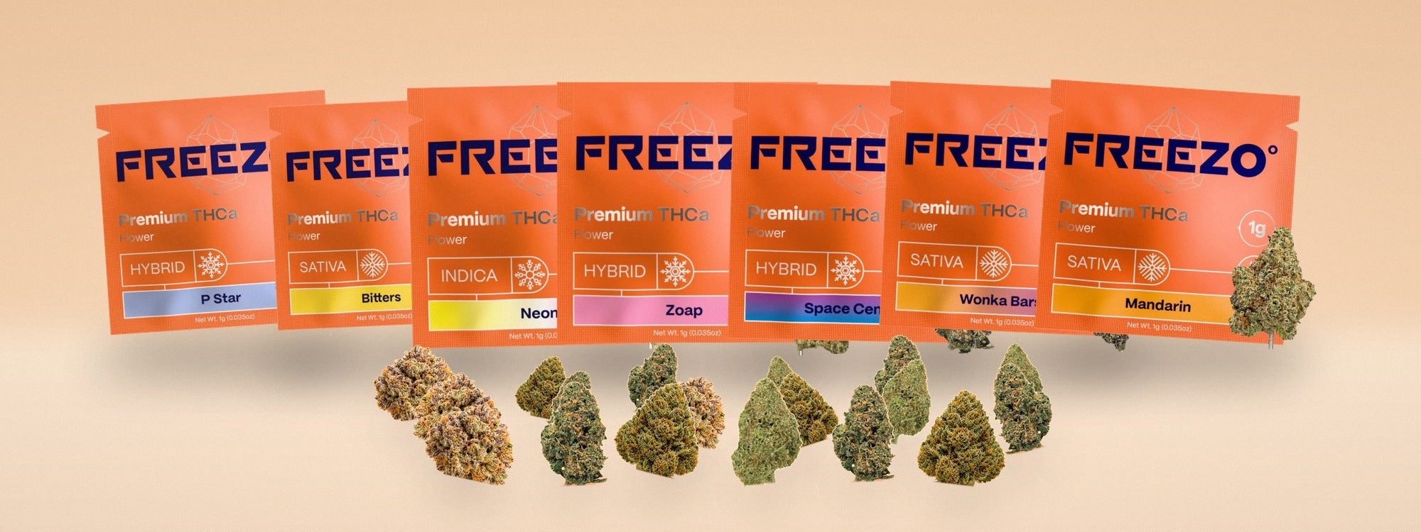 Seven 1g FREEZO flower packs in a row with seven buds in front of them